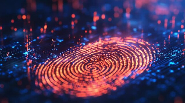 Glowing fingerprint scanning on futuristic circuit board