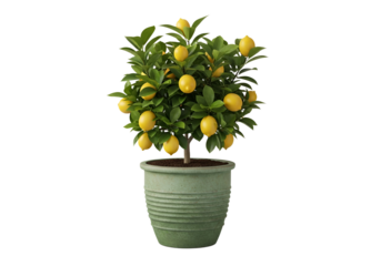 A vibrant lemon tree in a textured, muted green planter stands out against a black backdrop, showcasing ripe, yellow citrus fruits and lush green foliage.