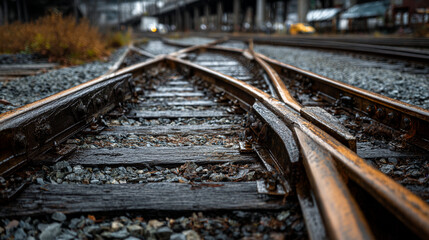 A close up view of weathered railroad tracks converging with gravel and blurred background scenery