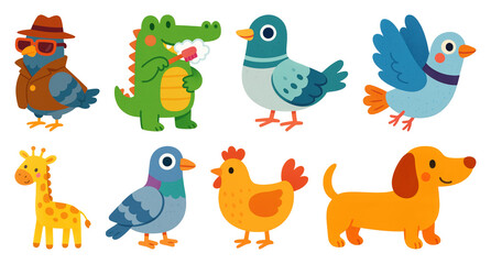 Naklejka premium PNG Colorful cartoon animal illustrations, element set on transparent background