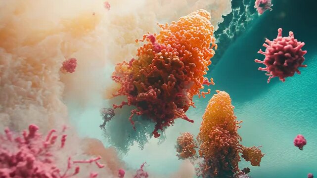 Microscopic view of antibodies attacking pathogens in human body