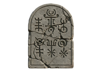 A weathered stone slab, intricately carved with ancient symbols, is showcased against a stark black backdrop.