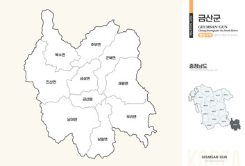Fototapeta premium 충청남도 금산군 행정동 윤곽선 지도
