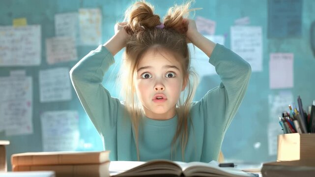 Preteen girl with messy hair, wide eyes, grabbing head while studying, surrounded by books and notes in classroom setting. Intense learning moment captured.