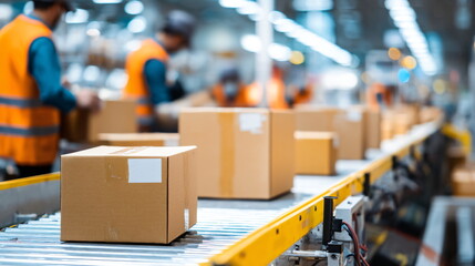 Cardboard package box moving on conveyor belt, workers packing boxes in factory warehouse. Logistics and delivery service.