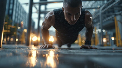 Sweaty male athlete doing pushups on wet ground. Man performing intense exercise outdoors. Fitness, determination, and strength training concept.