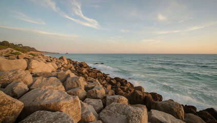 Ocean Wave Crashing Rocky Shoreline at Sunset with Golden Sky