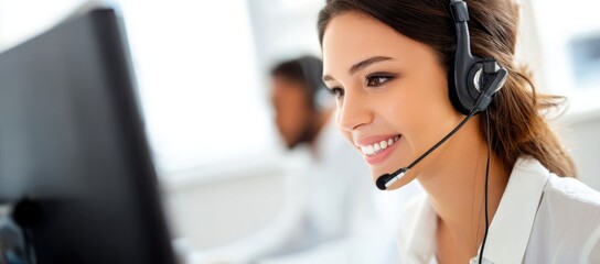 Smiling woman wearing headset working in call center office, representing customer support, client communication, help desk, business service, online assistance and technical solutions