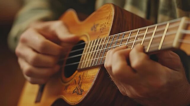 Man playing ukulele indoors.