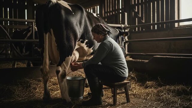 A female farmer hand-milks a cow in a rustic wooden barn, a traditional scene representing dairy farming, organic food production, and a sustainable rural lifestyle