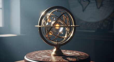 Obraz premium Meticulously Handcrafted Ornate Brass Orrery with Glowing Amber Orbs and Carved Wooden Base in an Antique Study, Symbolizing Ancient Cosmic Wisdom