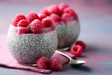Chia seeds pudding with fresh raspberries. Healthy breakfast concept