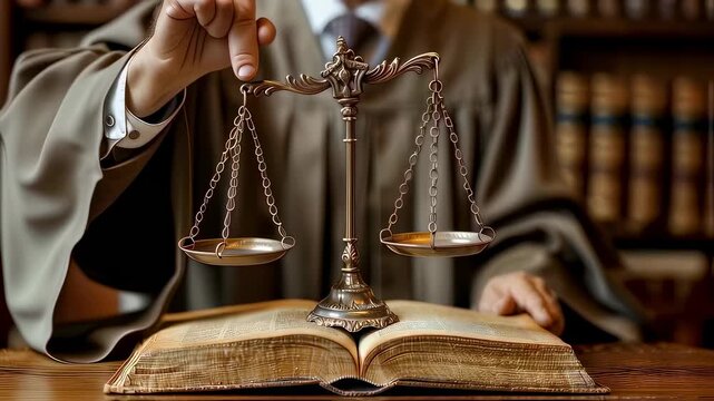 Ornate brass scales positioned on antique legal book, representing law, justice, and judicial principles. Hand adjusting delicate balance mechanism in law library setting.