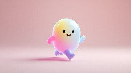 Personaggio stilizzato e simpatico, con forma ovale e un aspetto luminoso e colorato. Il corpo presenta sfumature arcobaleno tenui, creando un effetto brillante e giocoso.