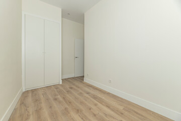 Undecorated master bedroom with a luxurious white wood walk-in closet, classic molding doors, and antique brass hardware