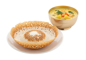 A golden bowl of curry is served alongside a light-brown, crispy, and airy appam, presenting a delicious South Asian meal.
