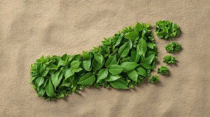 Impronta di piede realizzata con foglie verdi, posta su una superficie sabbiosa. Concetto di "impronta ecologica" e sostenibilità