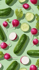 Cetrioli e ravanelli rossi su uno sfondo verde menta