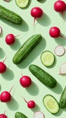 Un motivo di ravanelli e cetrioli disposti in modo decorativo su uno sfondo verde menta chiaro.