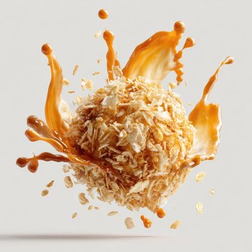 Caramel-dipped oat ball in mid-air, caramel splash
