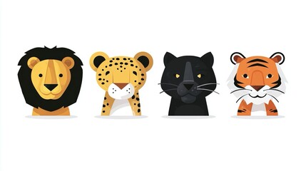 Un'illustrazione piatta e colorata raffigura i volti di quattro grandi felini: leone, pantera nera, leopardo e tigre. Su sfondo bianco trasparente
