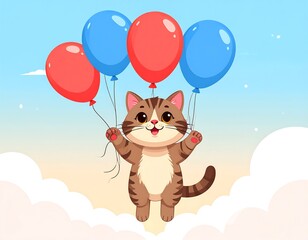 Fototapeta premium Cute cartoon cat floating on clouds with balloons