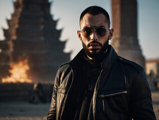 short-haired bad guy in a leather jacket and sunglasses