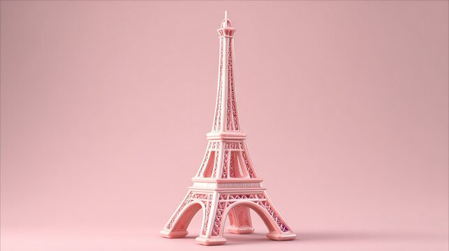 Rappresentazione 3D monocromatica della Torre Eiffel in miniatura. Design stilizzato e armonioso rosa pastello