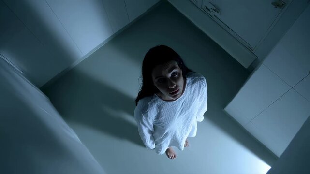 A frightened woman in a white gown looks up from the corner of a sterile room, a high-angle view creating a concept of horror, paranoia, claustrophobia, and mental illness