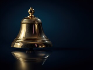 A golden bell with horizontal grooves and a spherical finial, casting a clear reflection on a reflective surface against a deep blue gradient background