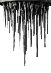 Numerous dark grey metallic industrial slag drips suspended, rugged textures, varying shapes, transparent background with copy space below, clean studio lighting. Concept of industrial material