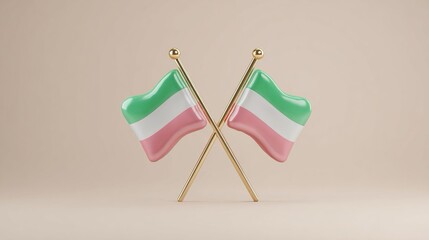 Immagine digitale di due bandiere dell'Ungheria Le bandiere sono fissate a sottili aste dorate, che si incrociano, creando una simmetria visiva. Immagine elegante e minimalista
