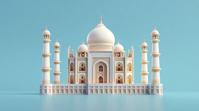 Il Taj Mahal, un maestoso edificio bianco con colori tenui pastello, si staglia su uno sfondo azzurro