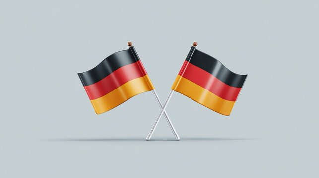 Immagine stilizzata di due bandiere della Germania su sfondo grigio chiaro. Le bandiere hanno un design semplice, un aspetto lucido e due aste argentate incrociate al centro