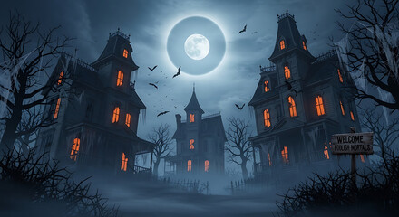 Spooky halloween scene with haunted houses, full moon, and bats