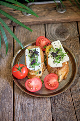 French toast with cheese. Top view, wooden background