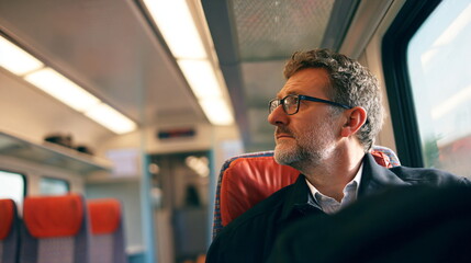 Caucasian man riding bus on rainy day, looking out window. Commute, travel, public transportation concept.
