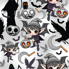 Cute Halloween Bat-Winged Elf with spooky Pumpkin, grim reaper, crows, druid sickle assembled to compose a Textile Seamless Pattern
