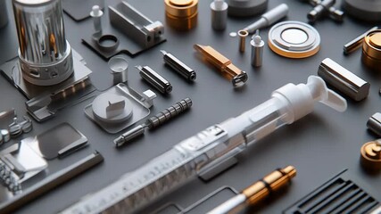 Medical syringes and various components forming an intricate pattern on a dark surface