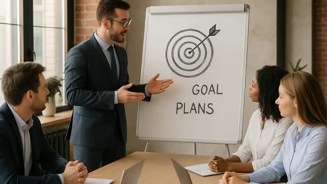 Effective strategies for achieving business goals during team meeting in modern office setting