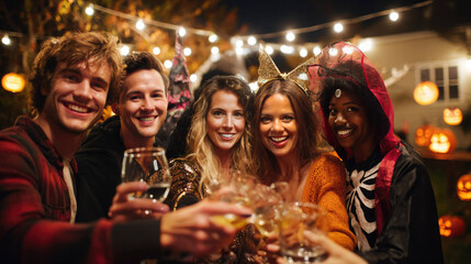 Fototapeta premium Young adults in Halloween costumes clinking glasses at festive house party with pumpkins and lights