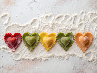 Row of colorful textured heart-shaped pasta on rustic flour background