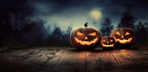 Halloween Pumpkins on Wooden Table Against Night Sky