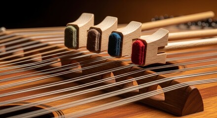Naklejka premium Detailed View of a Traditional Hammered Dulcimer with Colorful Felt Mallets Resting on its Strings, Highlighting Musical