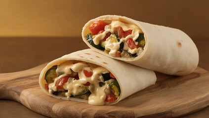 Vegetable Wrap with Zucchini and Tomato on a Wooden Cutting Board