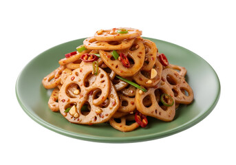 A vibrant pile of lotus root slices, seasoned with a spicy sauce, sits attractively on a light sage-green plate against a stark black background.