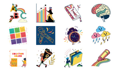 Educational Icons Set with Alphabet ABC, Growth Chart, Bookmark, Brain, Calendar, Alarm Clock, Cloud Storage, Equation Board, Telescope, File Folder and Highlighter