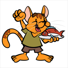A happy and excited cartoon cat eagerly awaits a delicious fish on its plate. Perfect for stickers, logos, and mascots with a food or animal theme