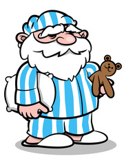 A funny cartoon of a white-bearded old man, ready for bed with his pillow and teddy bear. This design is perfect for stickers, logos, and mascots, especially for topics related to a retired lifestyle