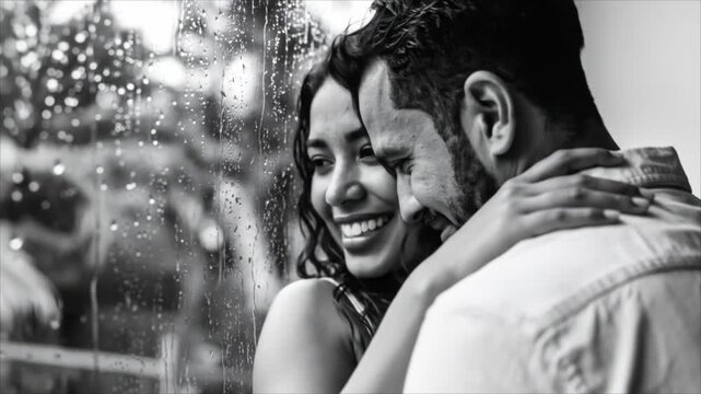 Couple embraces rainy day